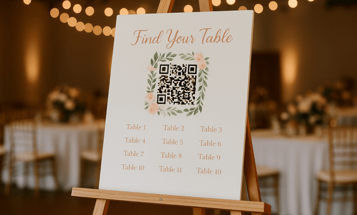 Wedding seating chart panel on an easel with an artistic QR code and table list, displayed at the banquet venue