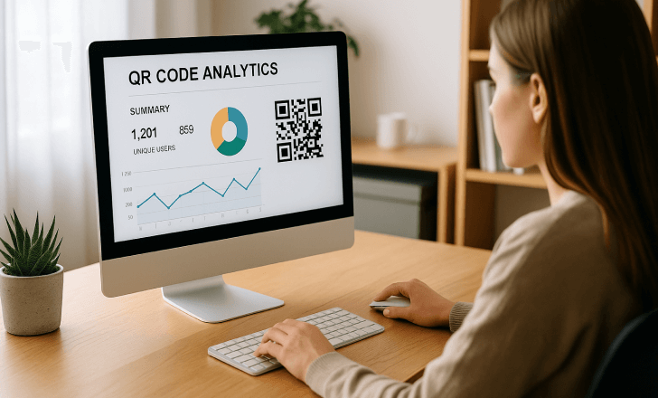 Woman analyzing QR code scan analytics on desktop computer