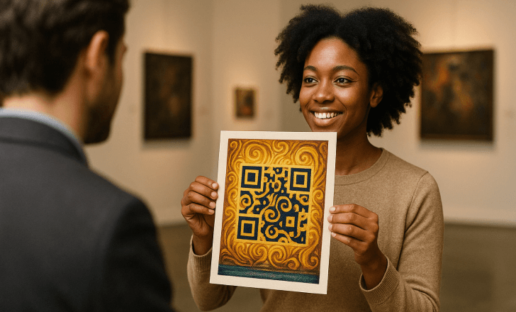 Woman presenting an artistic QR code artwork to a visitor in an art gallery, with golden swirl patterns around the code.