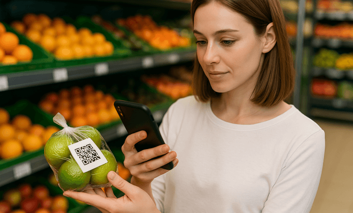 Woman scanning a QR code on a lime package in the produce section of a grocery store