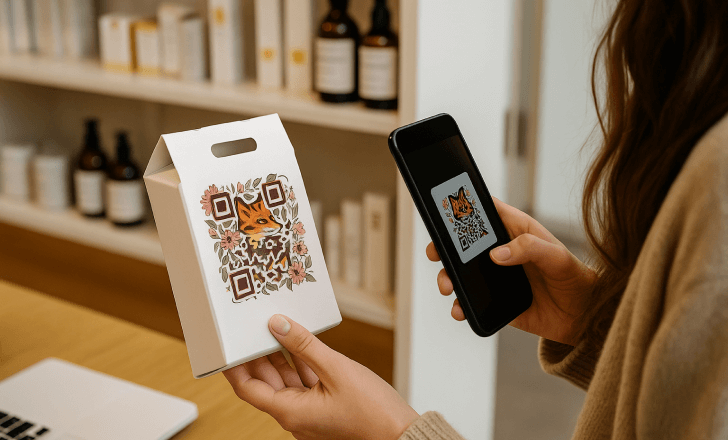 Woman scanning an artistic AI-generated fox-themed QR code on a white product package in a retail store.