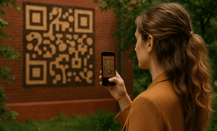 Woman scanning an artistic QR code mural with wooden pattern outdoors