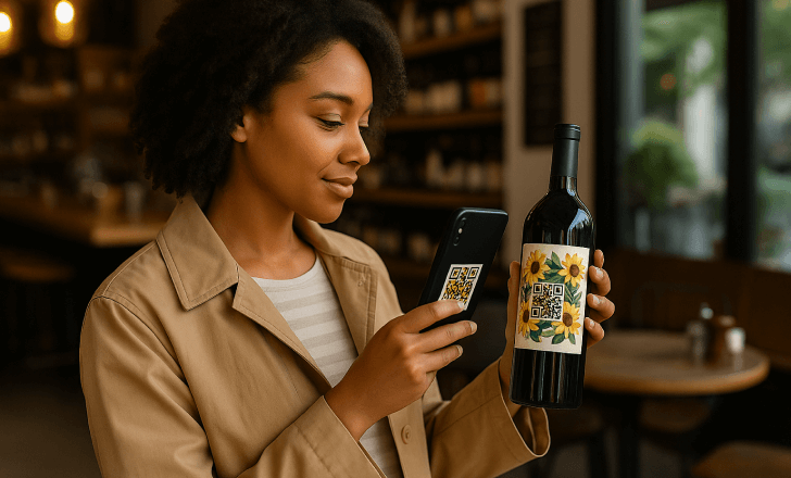 Woman scanning an artistic QR code on a wine bottle in a wine store.