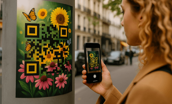 Woman scanning an artistic floral QR code poster on a street pole in the city.