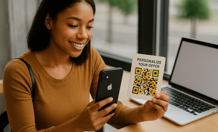 Woman scanning artistic QR code on promotional card with smartphone