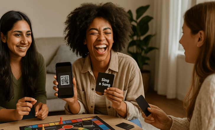 Women playing a music-themed board game while scanning a QR code card, enjoying an interactive and immersive challenge