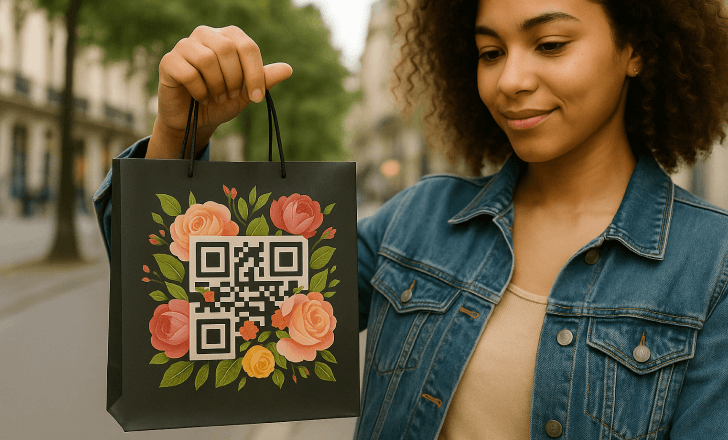 Young woman holding a black shopping bag with an artistic floral QR code, standing on a city street.