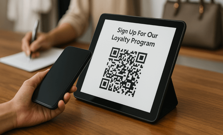A tablet on a retail counter displaying a QR code for loyalty program sign-up, with a hand holding a smartphone nearby.