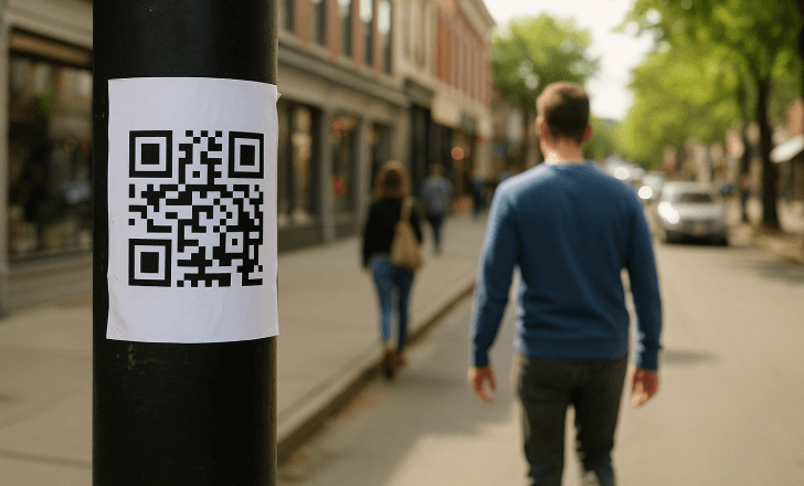 A QR code poster is taped to a lamppost on a sunny city street with pedestrians walking nearby and cars in the background.