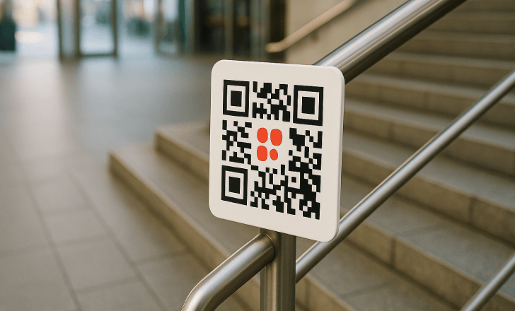 A QR code with a red logo is attached to a stainless steel handrail beside an indoor staircase in a bright public space.