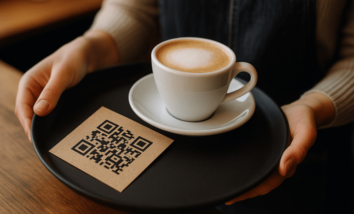 A barista serves a cappuccino on a black tray, next to a kraft paper card with a QR code, set in a cozy café with warm lighting and a blurred background.