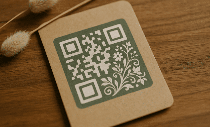A botanical-themed white QR code printed on a kraft paper tag resting on a wooden table with two dried flowers.