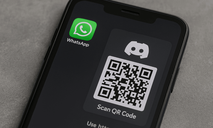 A close-up of a smartphone showing Discord’s QR login next to the WhatsApp icon on a gray surface.