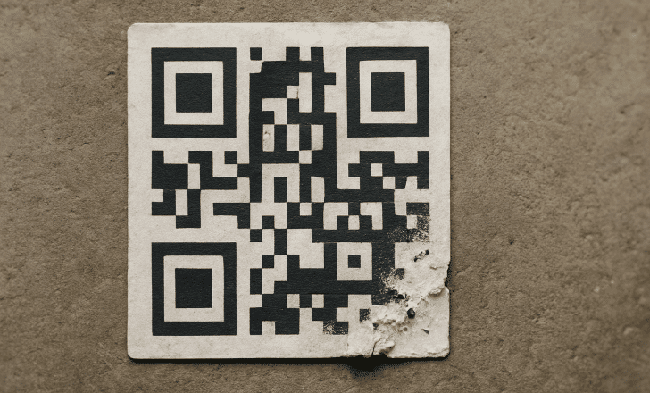 A damaged QR code label stuck on rough gray concrete, showing tears on the lower edge while the code remains readable.