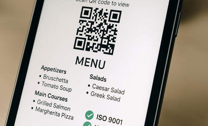 A digital menu displayed on a tablet screen shows food categories and ISO certifications like ISO 9001 and ISO 27001 below the QR code.