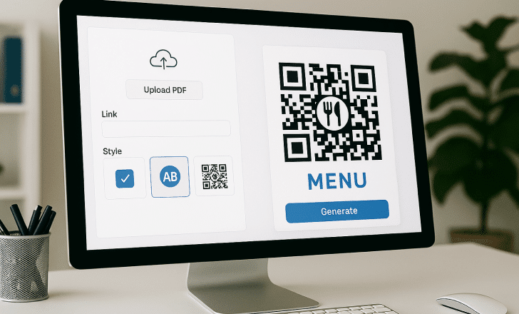 A digital photograph showcases a computer monitor with a QR menu generator interface, allowing PDF upload and style selection, placed on a minimalist white desk.