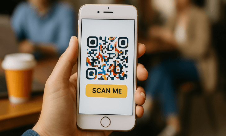 A hand holds a smartphone displaying a colorful, customized QR code with a “Scan Me” button in a relaxed café setting.