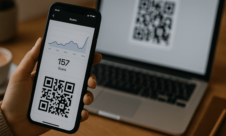A hand holds a smartphone showing QR code scan analytics in front of a laptop with a QR code on screen