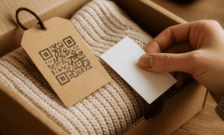 A hand opens a cardboard box revealing a knitted garment with a kraft paper hang tag featuring a QR code, softly lit in a cozy unboxing setting.