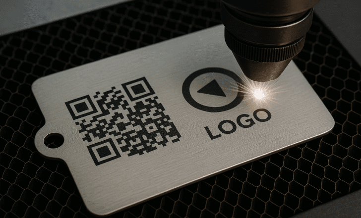 A laser engraving machine etching a QR code and logo onto a metal tag.