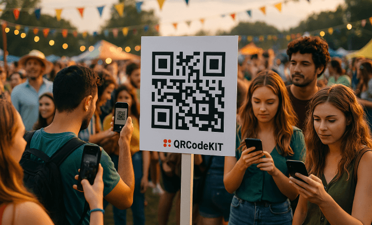 A lively outdoor festival shows a crowd engaging with a large QRCodeKIT sign, with people scanning the code and browsing content on their phones