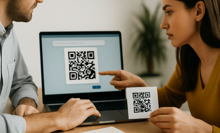 A man and woman collaborate at a desk, reviewing a QR code on a laptop screen while holding a printed version.