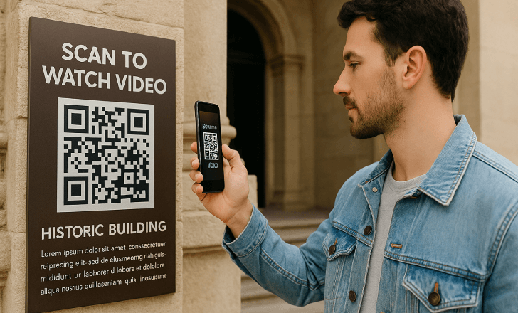 A man in a denim jacket scans a QR code on a plaque labeled “Scan to watch video” outside a historic stone building with an arched entrance.
