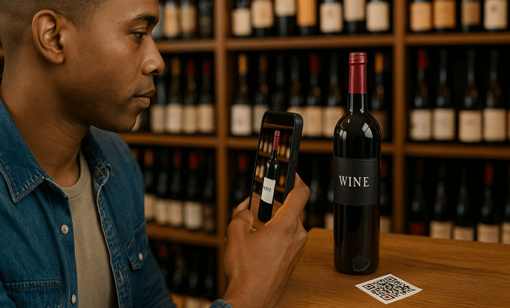 A man scanning a QR code with his smartphone in a wine store, revealing a digital AR version of the same wine bottle displayed on a wooden counter.