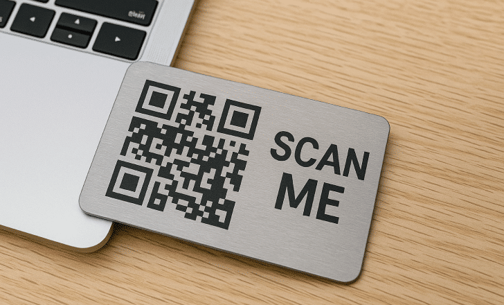 A metal QR code plate labeled “SCAN ME” beside a laptop on a wooden desk.