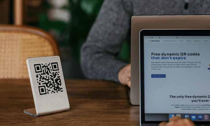 A metal QR code sign on a café table beside a person using QRCodeKIT on a laptop.