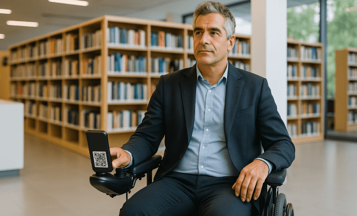 A middle-aged man in an electric wheelchair sits inside a modern library with a QR code attached to his chair, surrounded by bookshelves and natural light.