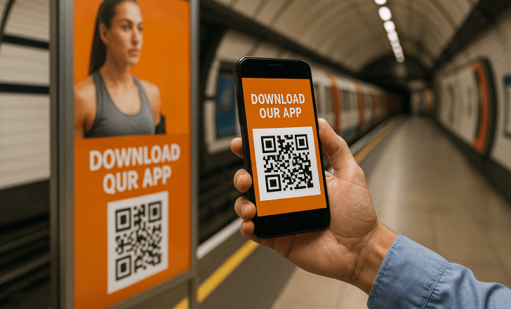 A person holding a smartphone displaying a QR code in a subway station, aligning it with an orange fitness app advertisement that also features a QR code and a photo of a woman in workout gear.