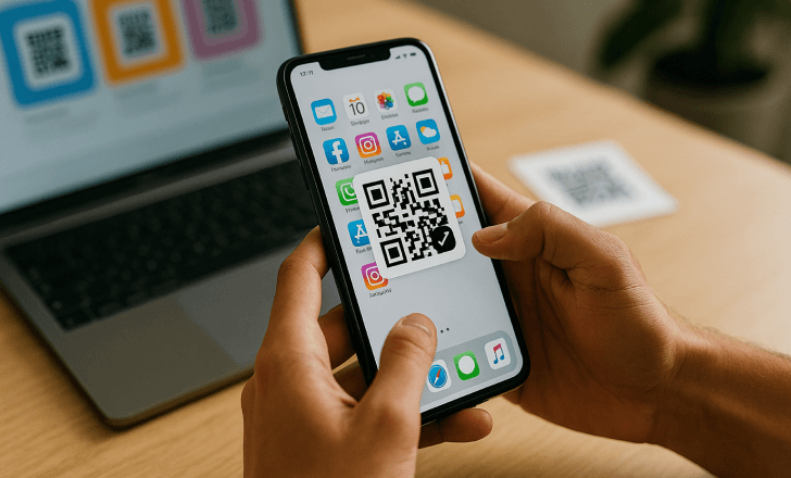 A person holding a smartphone prepares to tap an app icon, with a laptop and printed QR code card on a wooden desk.