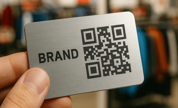 A person holds a branded metal QR code tag in a retail store environment.