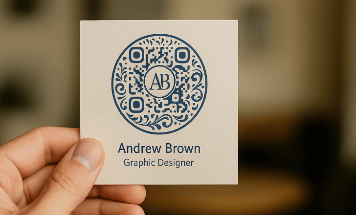 A person holds a business card with a circular artistic QR code and the name “Andrew Brown” printed below.