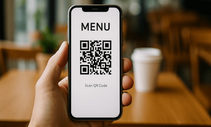 A person holds a smartphone displaying a QR code menu in a well-lit café, with wooden tables and a coffee cup in the background.