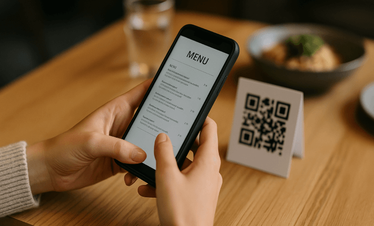 A person holds a smartphone displaying a digital menu while seated at a restaurant table with a printed QR code nearby.