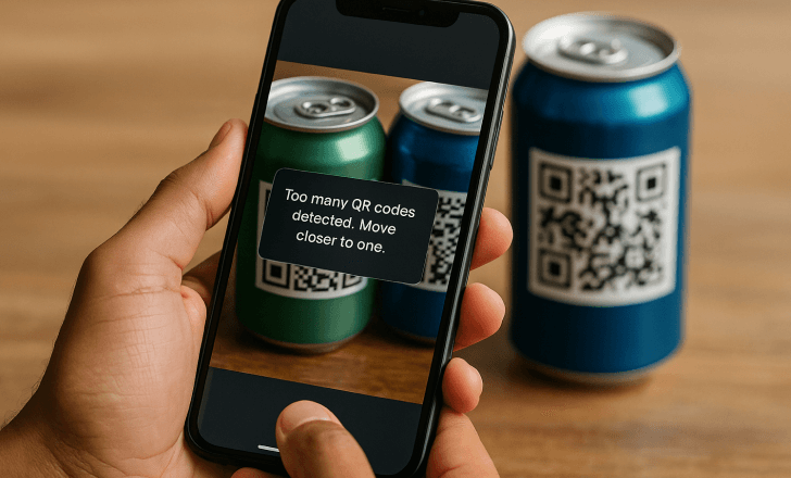 A person holds a smartphone over two QR-coded beverage cans, with an on-screen error message saying “Too many QR codes detected. Move closer to one.”