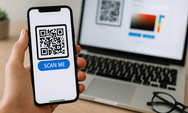 A person holds a smartphone showing a QR code in front of a laptop running a QR code generator, with eyeglasses and a plant on the desk in the softly blurred background.