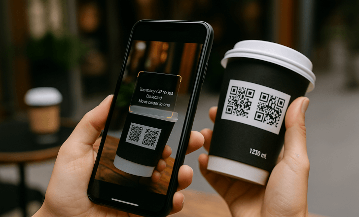 A person in a boutique gift shop scans a QR code printed on elegant candle packaging, with decorative items and soft lighting in the background.