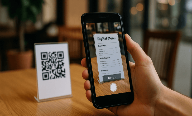 A person in a café scans a QR code menu with a smartphone, displaying the digital menu on screen.