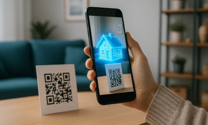 A person interacting with an AR experience on their smartphone, displaying a glowing blue 3D model of a house emerging from a QR code in a well-lit modern living room.