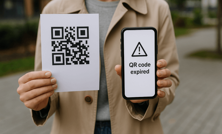 A person outdoors in a beige coat holds a flyer with a QR code and a phone showing an expiration message, with a park and buildings in the background.