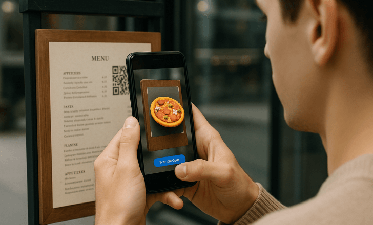 A person scanning a QR code on a wooden menu sign with a smartphone, displaying a 3D AR image of a pepperoni pizza hovering above the screen.