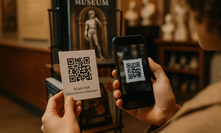 A person scans a QR code labeled “Scan for exclusive content” in a museum gift shop, with classical sculptures and a book titled “The Museum” visible in the softly lit background.