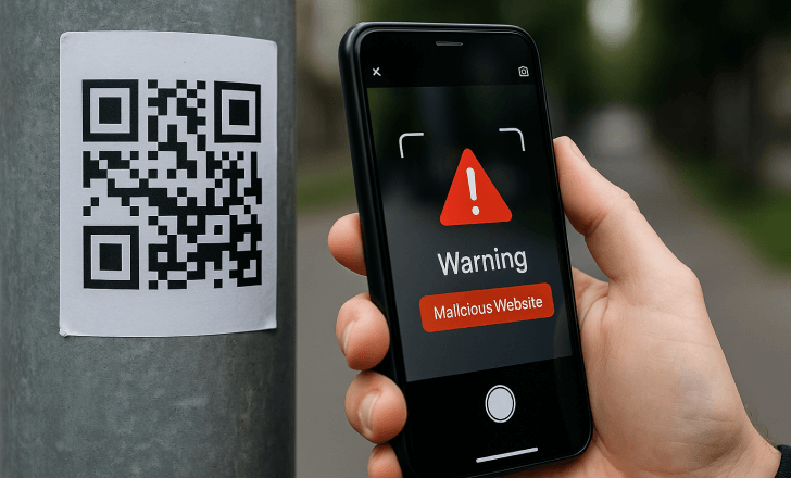 A person scans a QR code sticker on a streetlight pole, and their phone displays a warning about a malicious website