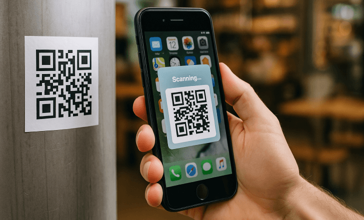 A person scans a QR code sticker placed on a metal surface in a café, with a smartphone showing the scanning process