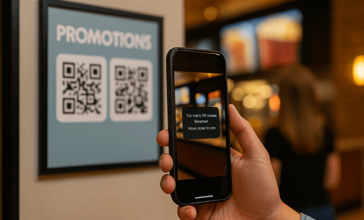 A person scans a cinema promotions poster with two QR codes using a smartphone, which shows an error message about multiple codes being detected