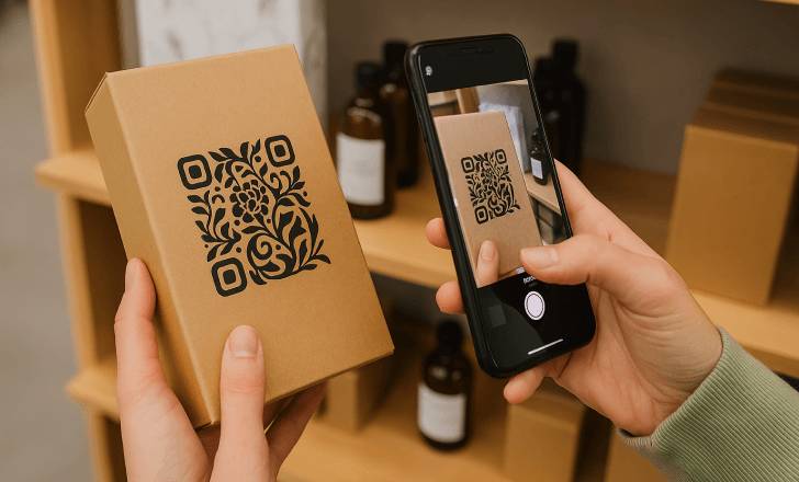 A person scans a floral-designed black QR code printed on a kraft paper box in a retail store.
