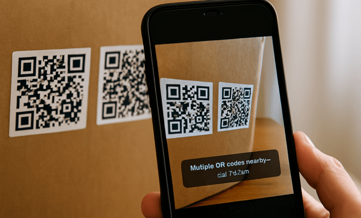 A person scans two QR codes printed close together on folded clothing tags using a smartphone, with the scanning frame overlapping both codes.